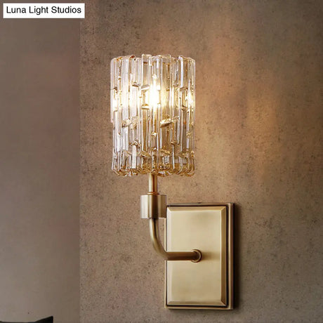 Minimalist Cylindrical Metal Sconce Light - Clear/Amber Crystal Wall Mount Lighting For Living Room