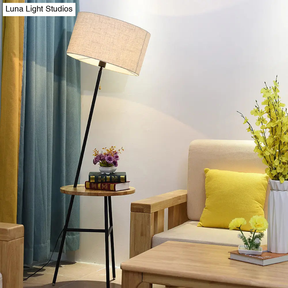 Minimalist Drum Floor Lamp In Black With Wooden Tray And Pull Chain Ideal For Living Room