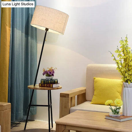 Minimalist Drum Floor Lamp In Black With Wooden Tray And Pull Chain Ideal For Living Room