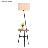 Minimalist Drum Floor Lamp In Black With Wooden Tray And Pull Chain Ideal For Living Room