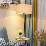 Minimalist Drum Floor Lamp In Black With Wooden Tray And Pull Chain Ideal For Living Room