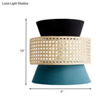 Minimalist Dual Cone Wall Lamp With Fabric Shade | Black And Blue Sconce Lighting In Rattan Design