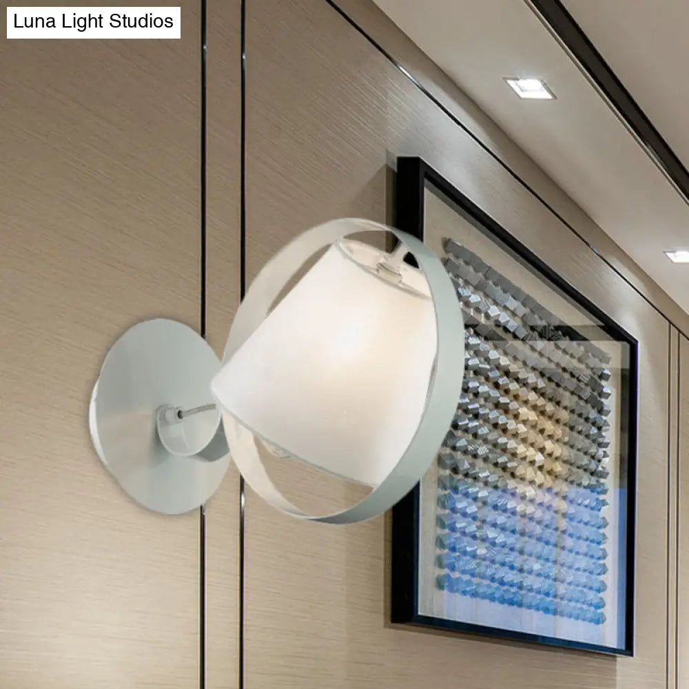 Minimalist Fabric Sconce Lamp: White Wall Light With Metal Ring 1 Bulb