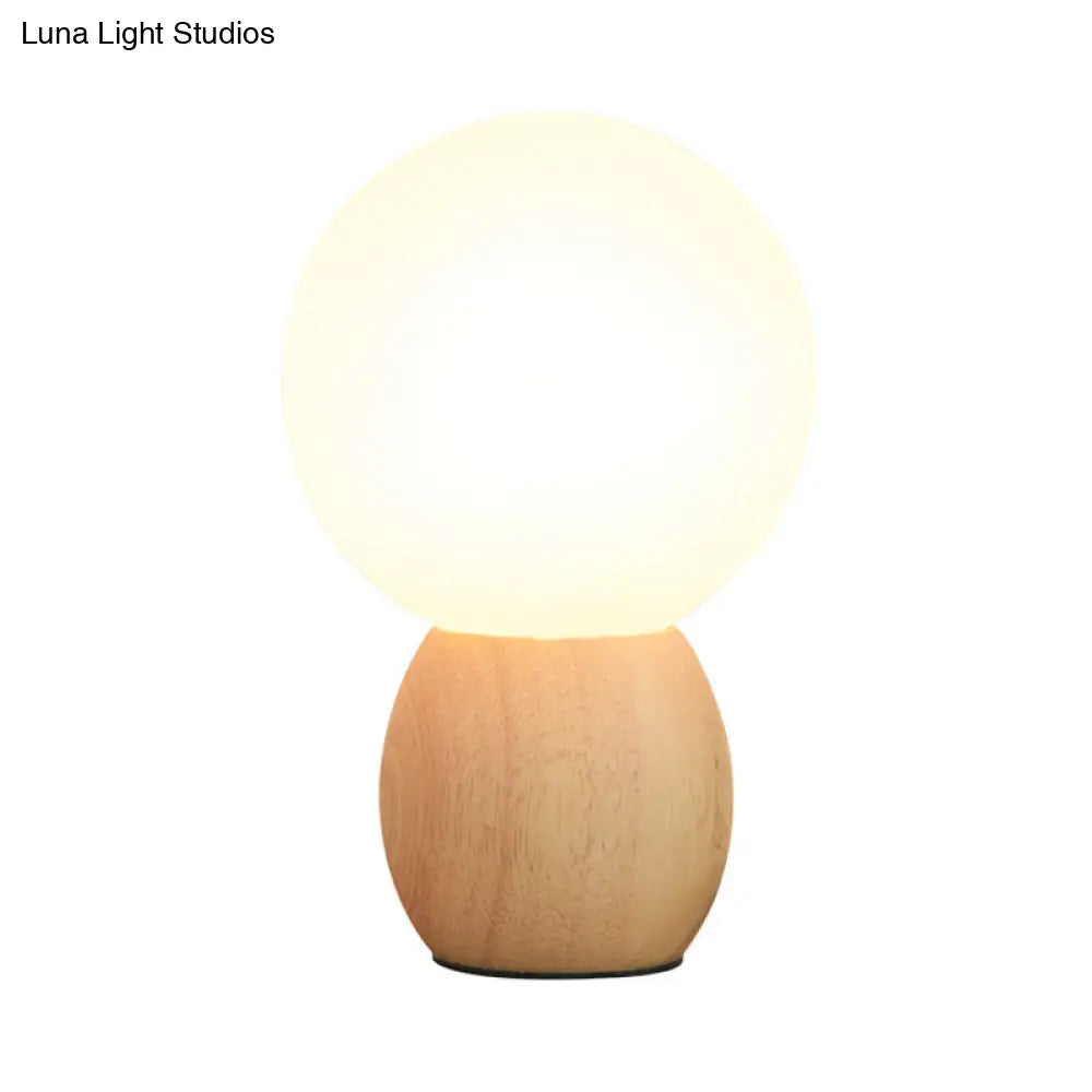 Minimalist Frosted Glass Bedside Table Lamp With Wooden Base - Orb Design