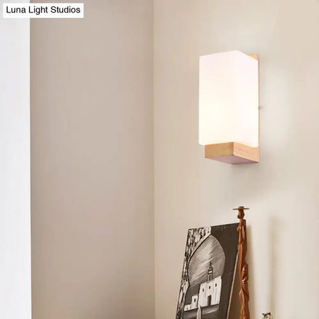 Minimalist Geometric Stairs Wall Sconce - Cream Glass Single Flush Light In Wood