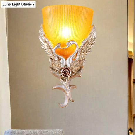 Minimalist Glass Bowl Wall Light With Ribbed Detail And Swan Decoration - 1 Corridor Sconce Fixture