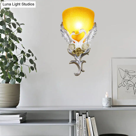 Minimalist Glass Bowl Wall Light With Ribbed Detail And Swan Decoration - 1 Corridor Sconce Fixture