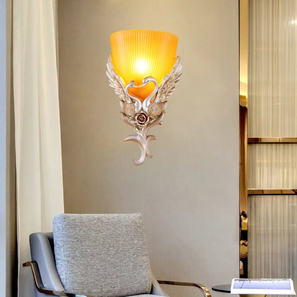 Minimalist Glass Bowl Wall Light With Ribbed Detail And Swan Decoration - 1 Corridor Sconce Fixture