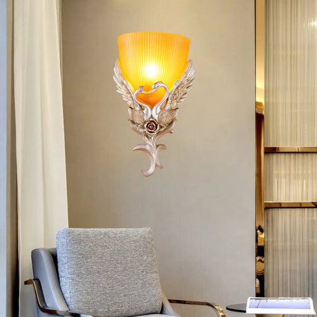 Minimalist Glass Bowl Wall Light With Ribbed Detail And Swan Decoration - 1 Corridor Sconce Fixture