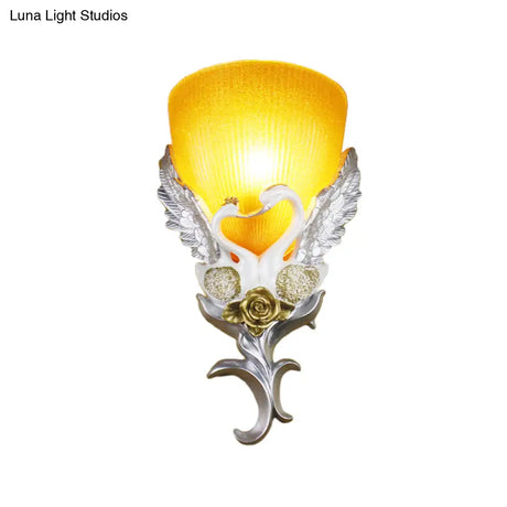 Minimalist Glass Bowl Wall Light With Ribbed Detail And Swan Decoration - 1 Corridor Sconce Fixture
