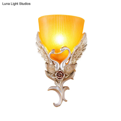 Minimalist Glass Bowl Wall Light With Ribbed Detail And Swan Decoration - 1 Corridor Sconce Fixture