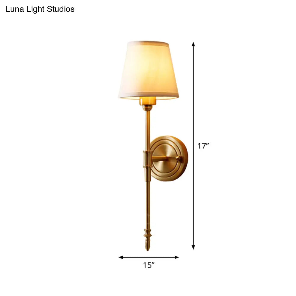 Minimalist Gold Bedroom Wall Light Kit - Tapered Fabric Shade Pencil Arm Mount Reading Lamp