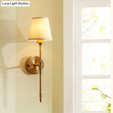 Minimalist Gold Bedroom Wall Light Kit - Tapered Fabric Shade Pencil Arm Mount Reading Lamp