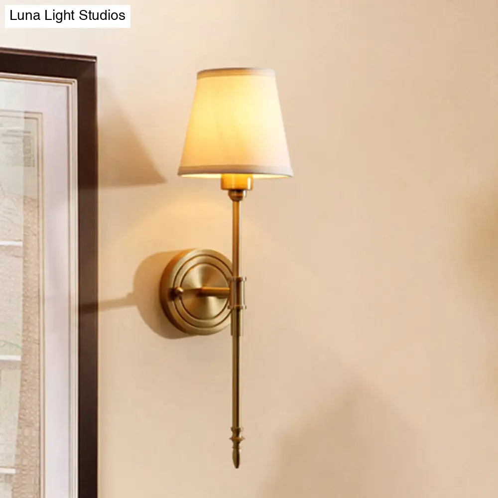 Minimalist Gold Bedroom Wall Light Kit - Tapered Fabric Shade Pencil Arm Mount Reading Lamp