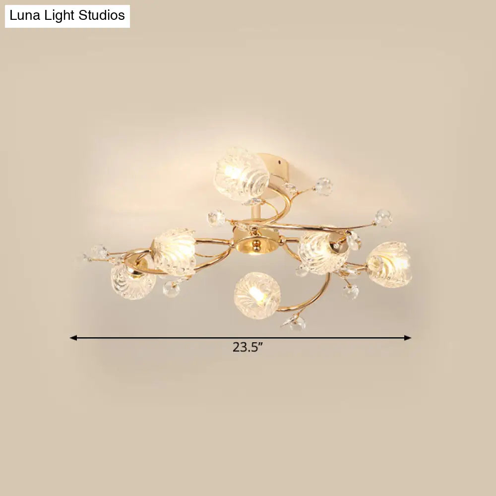Minimalist Gold Ceiling Light Fixture With Bloom Clear Crystal Shade - 6 - Head Bedroom Semi Flush