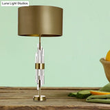 Minimalist Gold Drum Table Light - 1-Light 13/15 Wide Nightstand Lamp With Crystal Accent