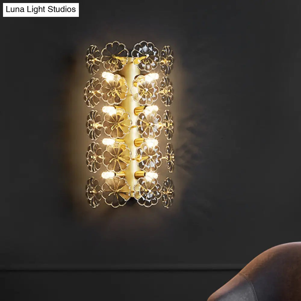 Minimalist Gold Floral Sconce Light With Crystal Shade - Wall Mount Lighting For Bedroom