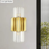 Minimalist Gold Half-Cylinder Crystal Sconce Light Fixture - 2 Lights For Bedroom Wall Lighting
