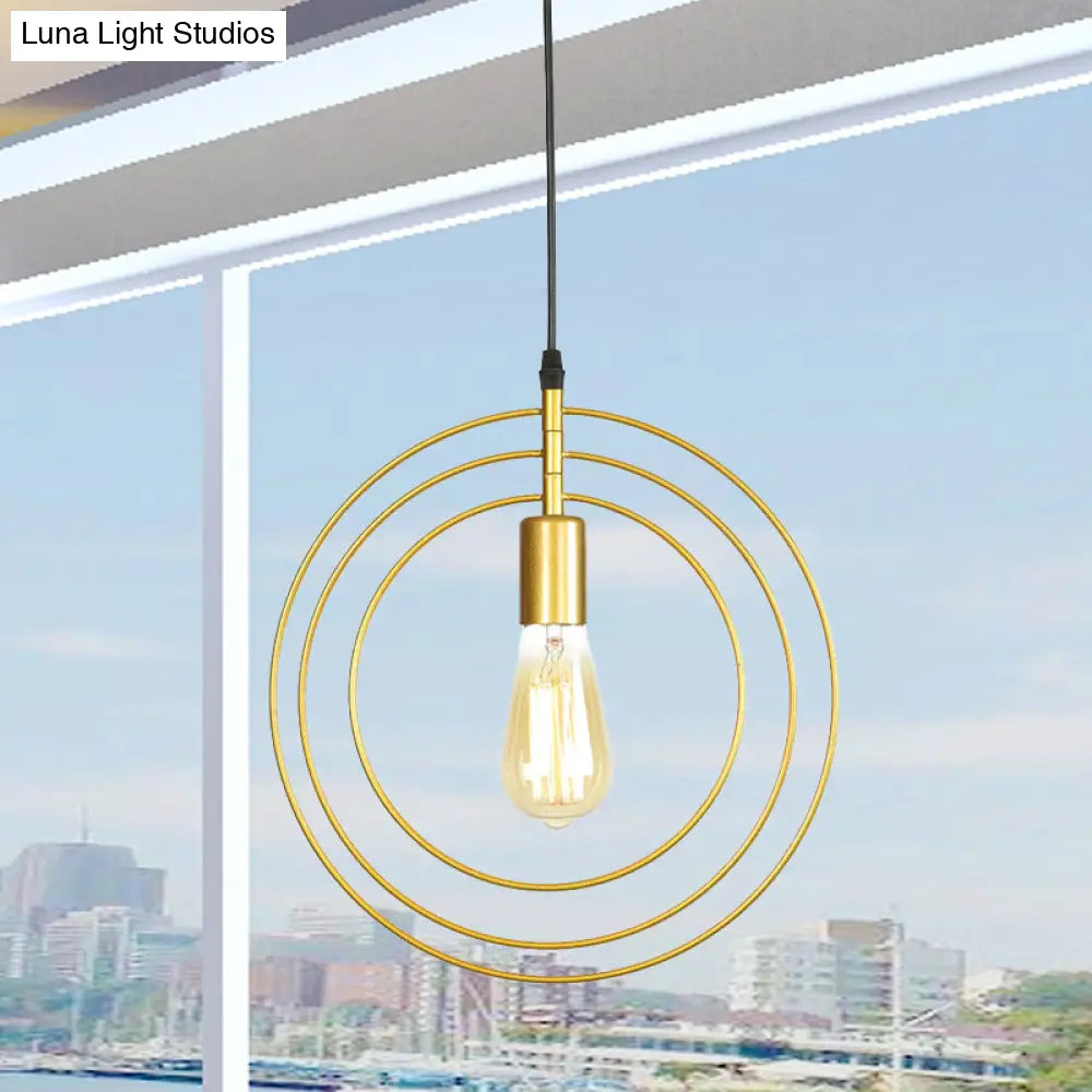 Minimalist Gold Metallic Restaurant Hanging Lamp With 3-Rings & 1 Bulb