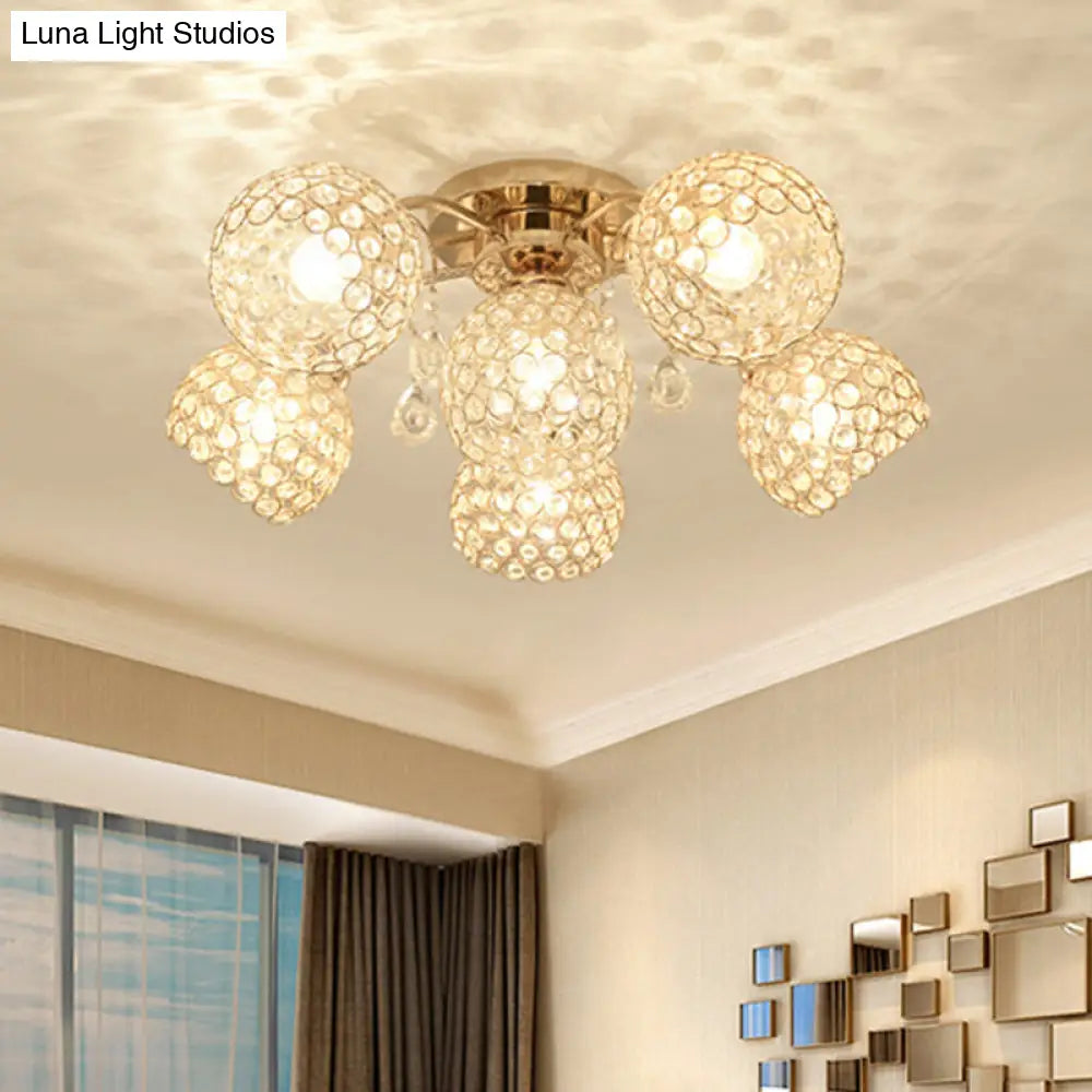 Minimalist Gold Semi-Flush Mount Light With Crystal-Embedded Shade - 6/9 Heads Ceiling Fixture