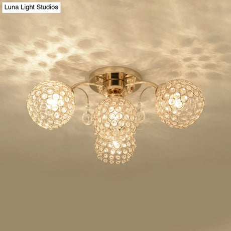 Minimalist Gold Semi-Flush Mount Light With Crystal-Embedded Shade - 6/9 Heads Ceiling Fixture