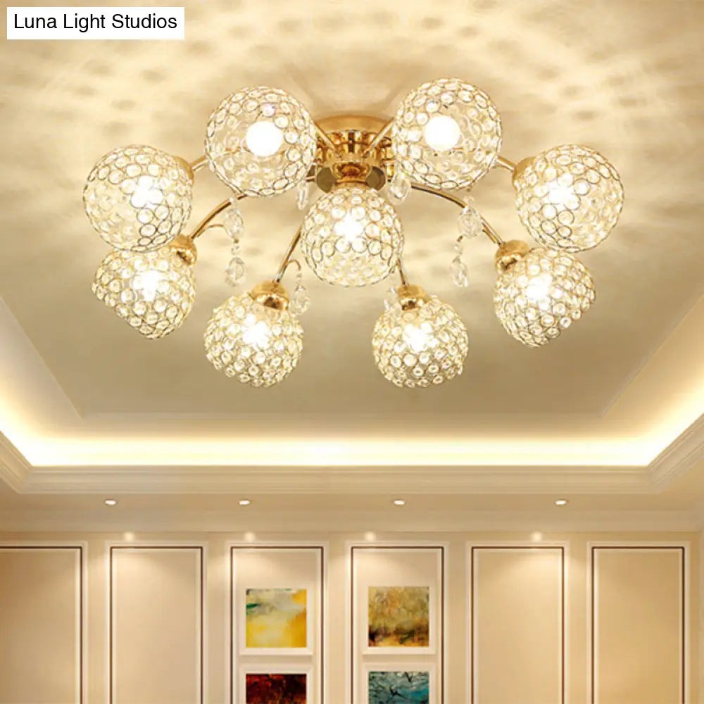 Minimalist Gold Semi-Flush Mount Light With Crystal-Embedded Shade - 6/9 Heads Ceiling Fixture