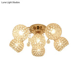 Minimalist Gold Semi-Flush Mount Light With Crystal-Embedded Shade - 6/9 Heads Ceiling Fixture