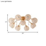 Minimalist Gold Semi-Flush Mount Light With Crystal-Embedded Shade - 6/9 Heads Ceiling Fixture
