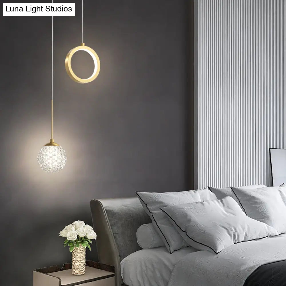 Minimalist Gold Starry Led Pendant Light For Bedroom With Glass Ball And Ring