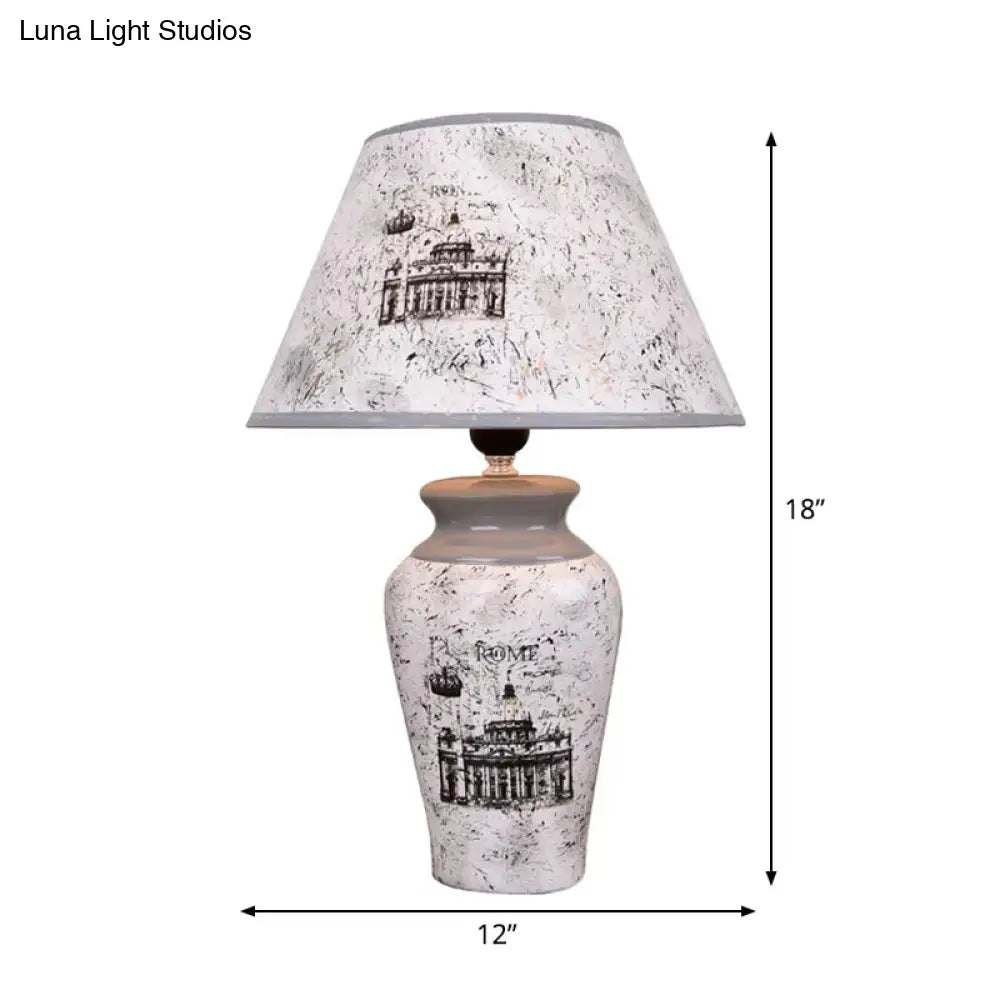 Minimalist Grey Porcelain Desk Lamp With Conic Paper Shade - Nightstand Light