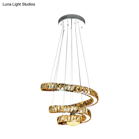 Minimalist Led Crystal Chandelier - Chrome Spiral Hanging Lamp In Warm/2 Color Light