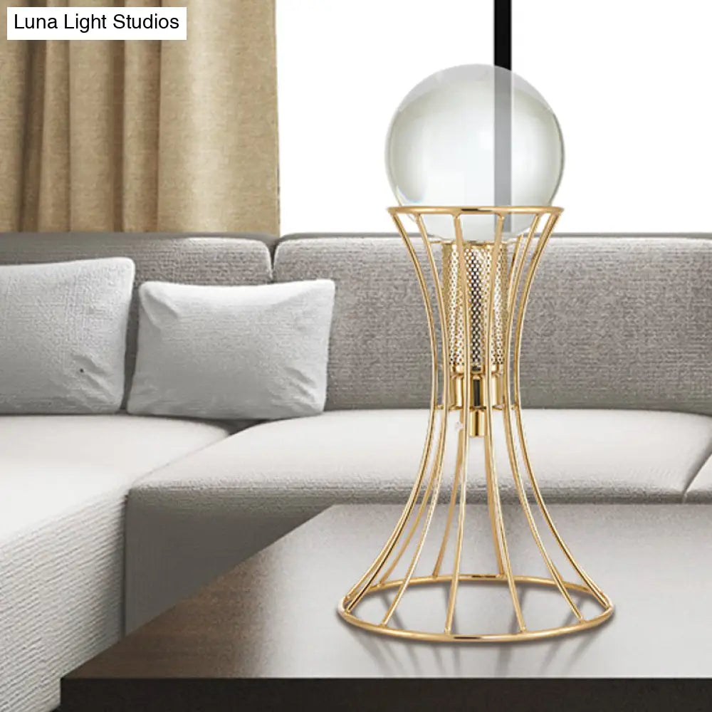 Minimalist Led Crystal Sphere Desk Lamp With Gold Hourglass Cage Metallic Base