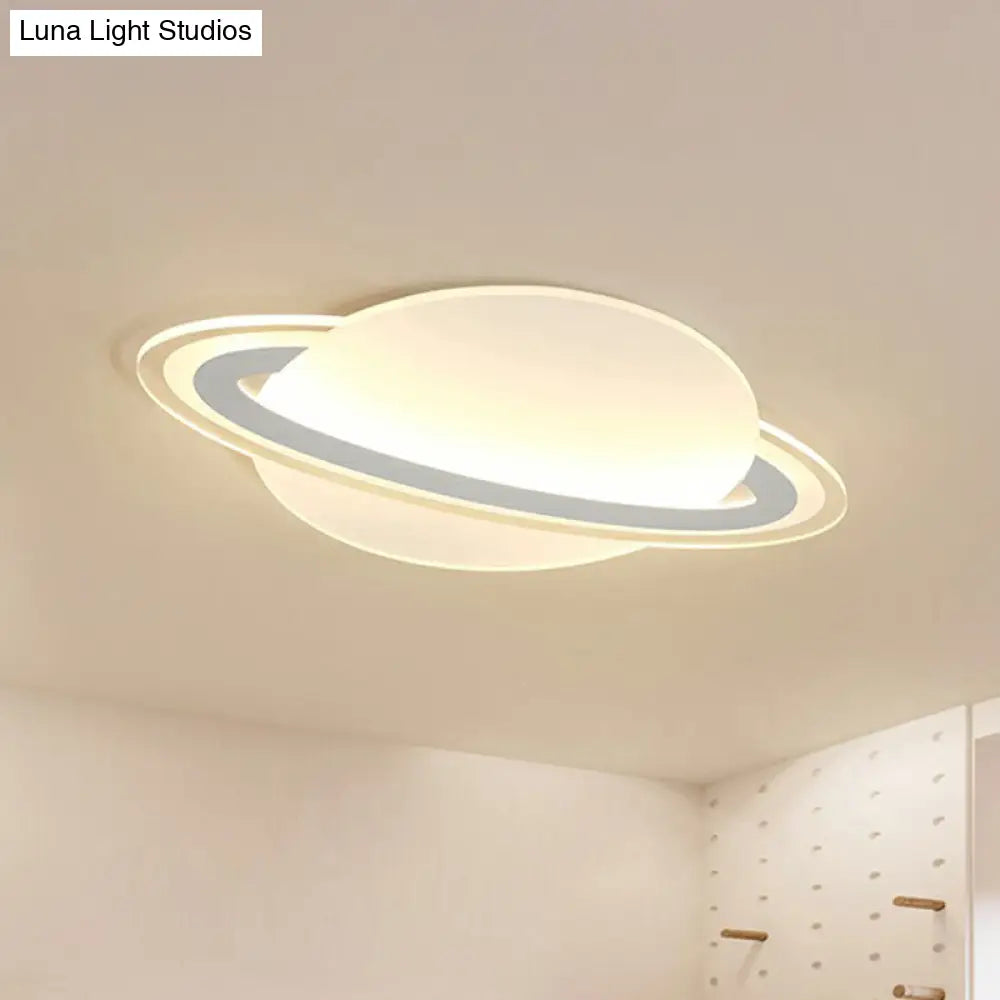 Minimalist Led Flush Lamp For Kids Bedroom: Ringed Planet Ceiling Light In White / 12 Warm