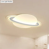 Minimalist Led Flush Lamp For Kids Bedroom: Ringed Planet Ceiling Light In White / 12 Warm