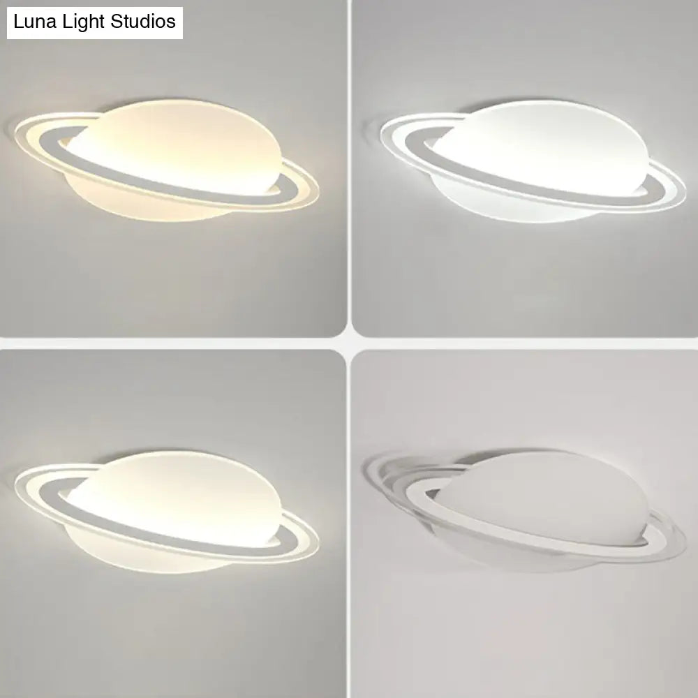 Minimalist Led Flush Lamp For Kids Bedroom: Ringed Planet Ceiling Light In White / 12 Third Gear