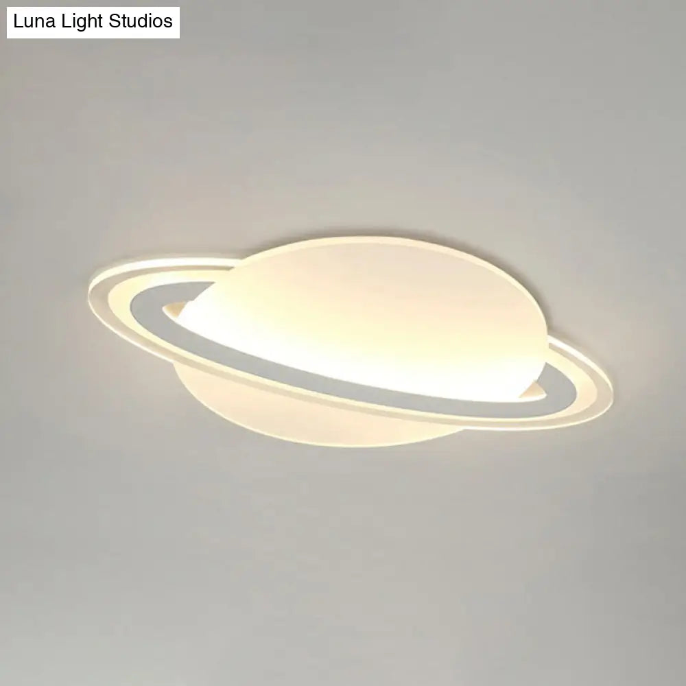 Minimalist Led Flush Lamp For Kid’s Bedroom: Ringed Planet Ceiling Light In White