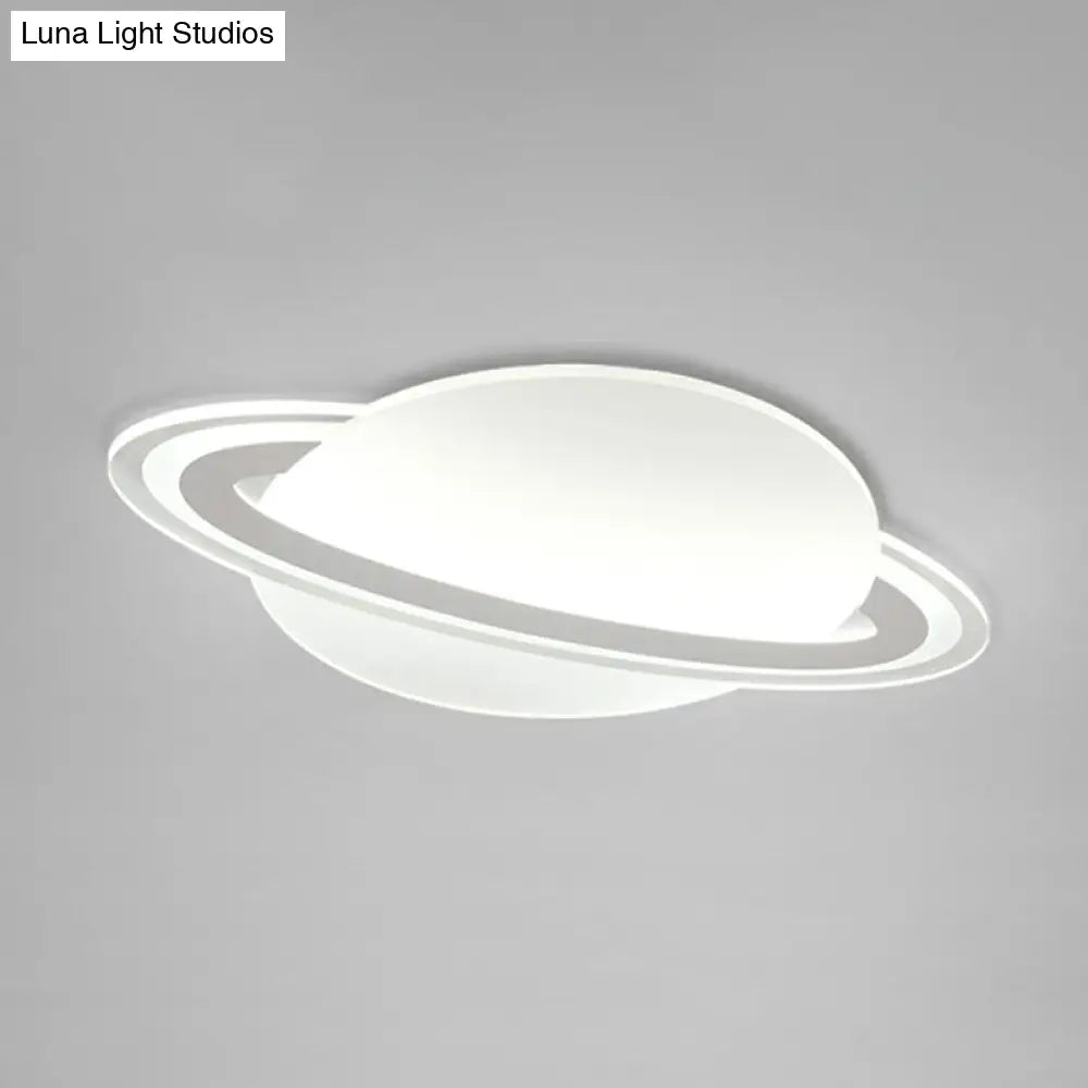 Minimalist Led Flush Lamp For Kids Bedroom: Ringed Planet Ceiling Light In White / 12