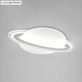 Minimalist Led Flush Lamp For Kids Bedroom: Ringed Planet Ceiling Light In White / 12