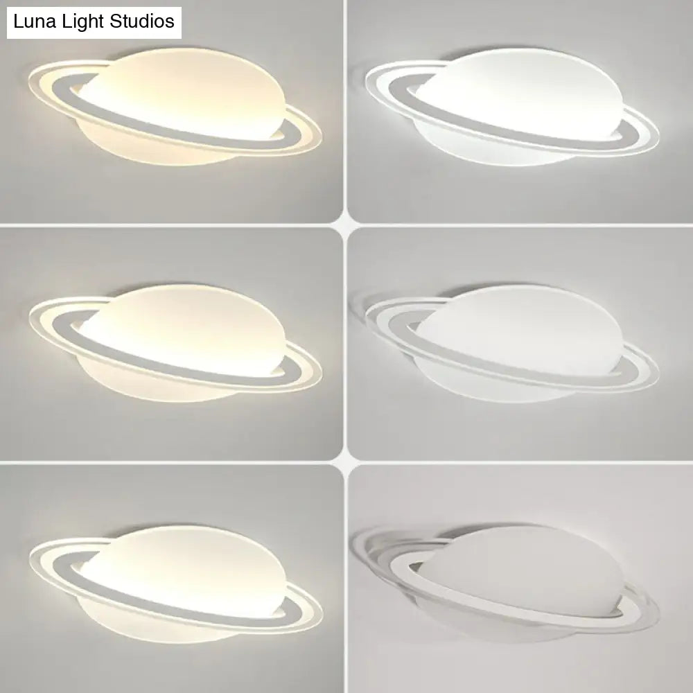 Minimalist Led Flush Lamp For Kids Bedroom: Ringed Planet Ceiling Light In White / 12 Remote Control