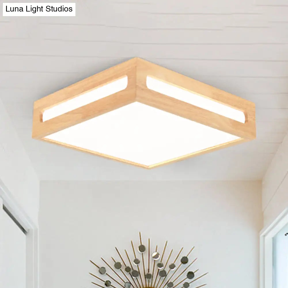 Minimalist Led Flush Light With Acrylic Shade And Natural Wood Square Box Ceiling Lighting In