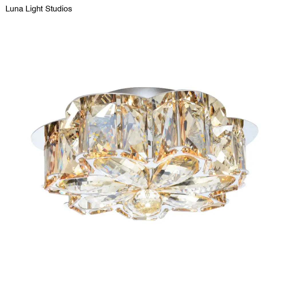 Minimalist Led Flush Mounted Ceiling Light With Flower Smoke/Amber Crystal Shade