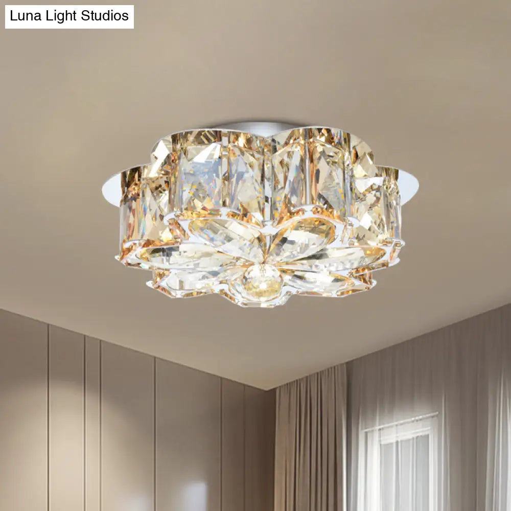 Minimalist Led Flush Mounted Ceiling Light With Flower Smoke/Amber Crystal Shade