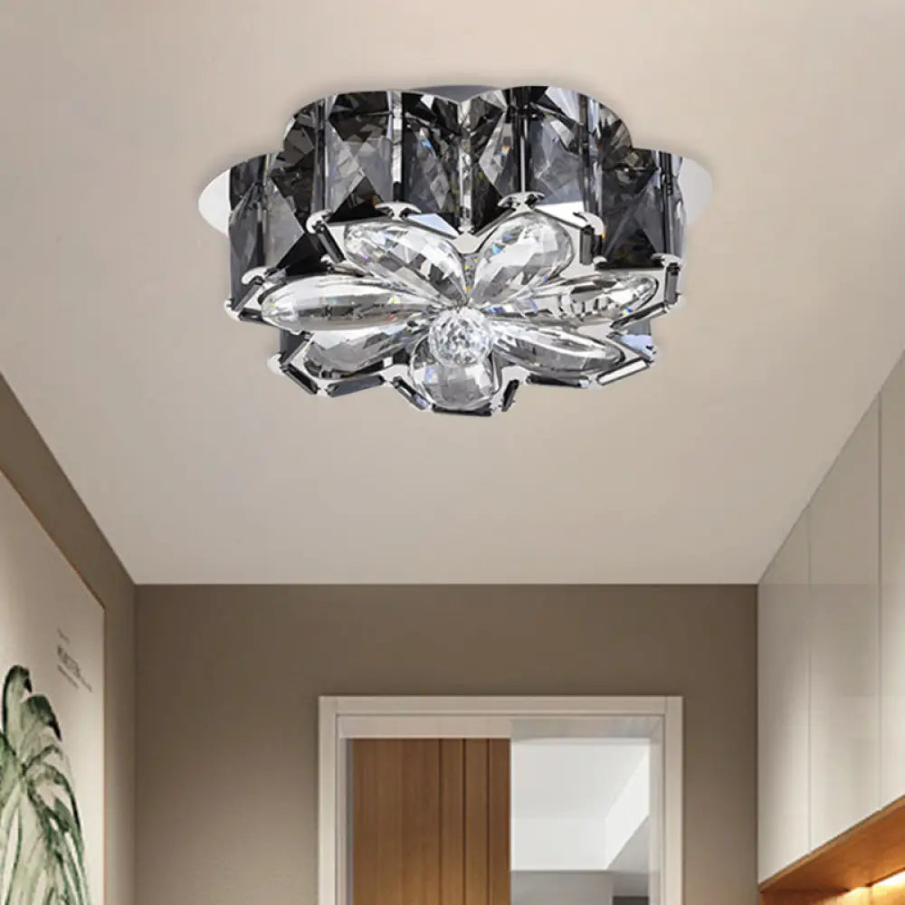 Minimalist Led Flush Mounted Ceiling Light With Flower Smoke/Amber Crystal Shade Smoke Gray