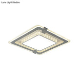 Minimalist Led Grey Flush Mount Fixture With Crystal Block Detail - Metal Square Flushmount Lighting