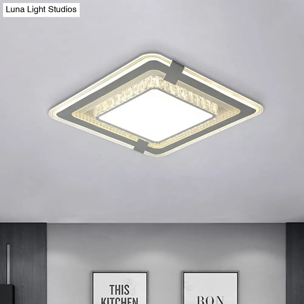 Minimalist Led Grey Flush Mount Fixture With Crystal Block Detail - Metal Square Flushmount Lighting