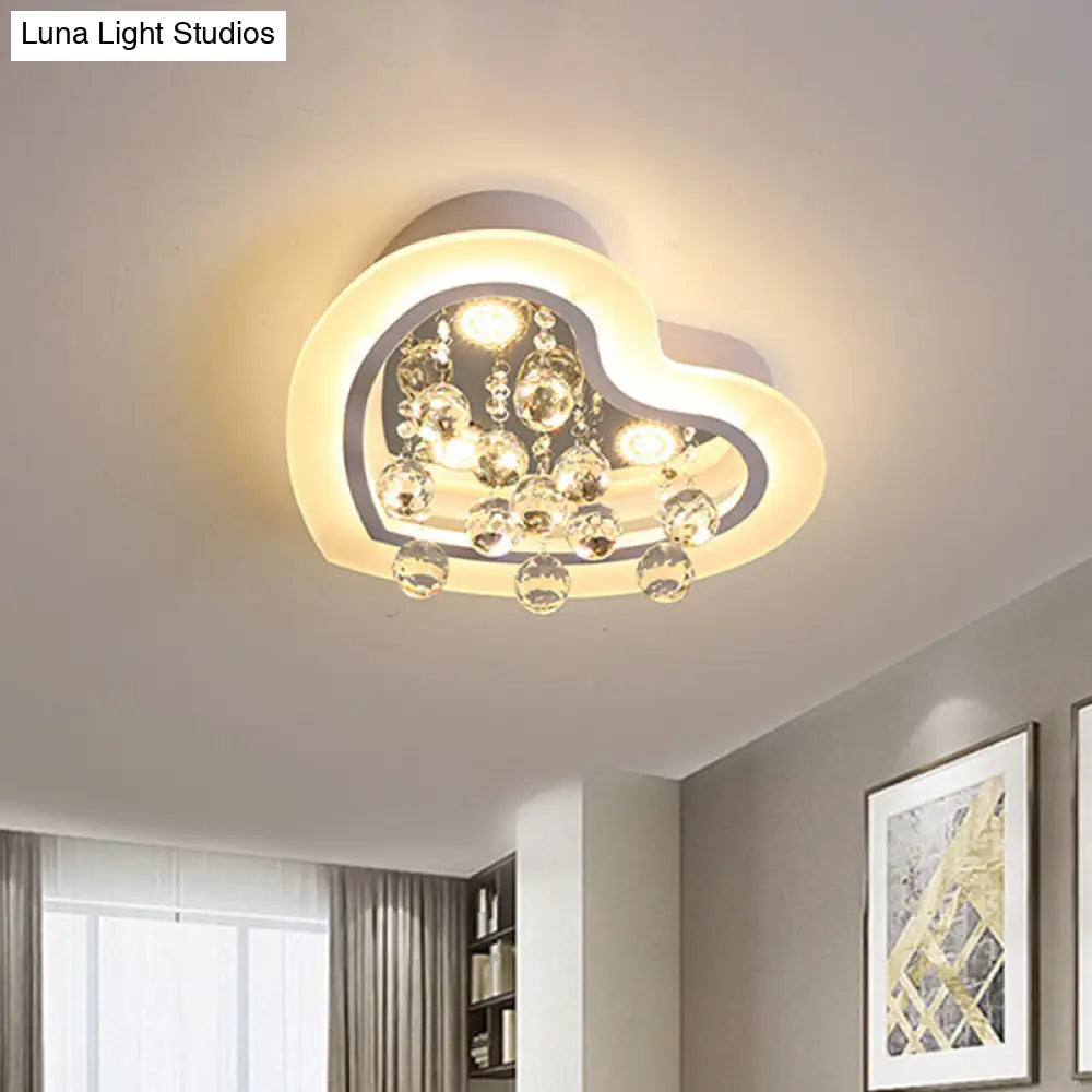 Minimalist Led Heart Ceiling Light In White With Crystal Orb - 16’/19.5’ Acrylic Flush Fixture