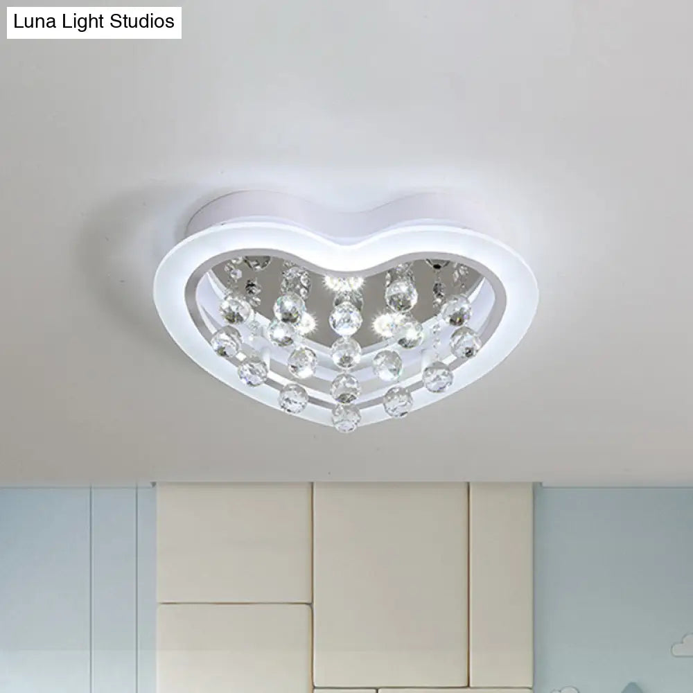 Minimalist Led Heart Ceiling Light In White With Crystal Orb - 16’/19.5’ Acrylic Flush Fixture