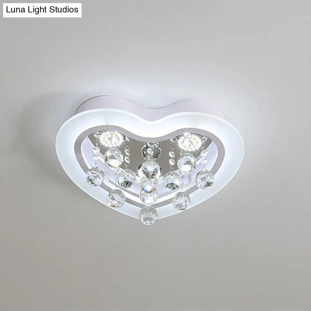 Minimalist Led Heart Ceiling Light In White With Crystal Orb - 16’/19.5’ Acrylic Flush Fixture