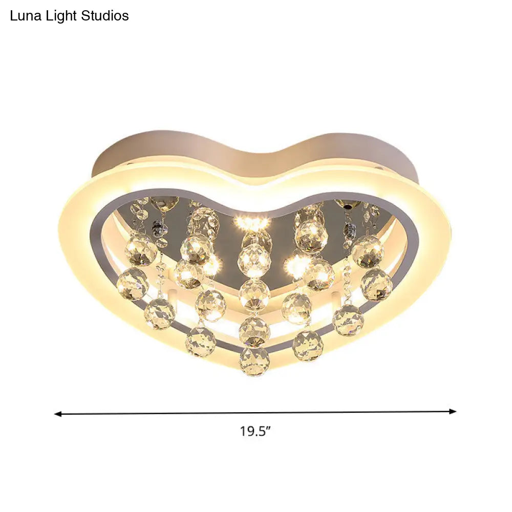 Minimalist Led Heart Ceiling Light In White With Crystal Orb - 16’/19.5’ Acrylic Flush Fixture
