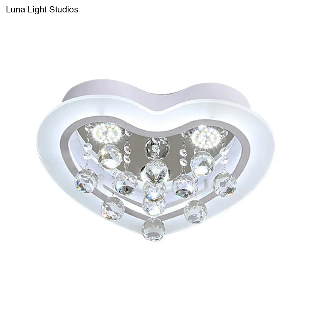 Minimalist Led Heart Ceiling Light In White With Crystal Orb - 16’/19.5’ Acrylic Flush Fixture